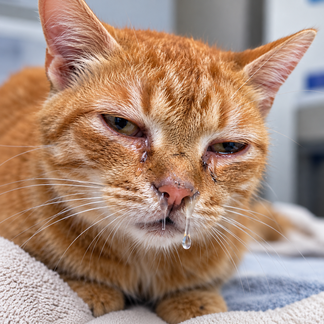 Kucing berehat atas tuala, hingus jernih peringkat awal